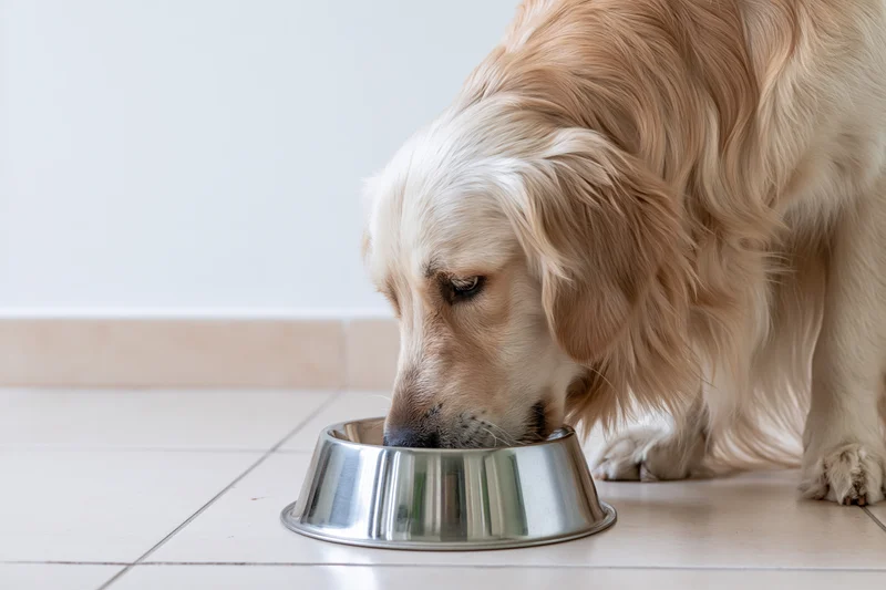 Golden retriever eating from a stainless steel bowl on a tiled floor indoors