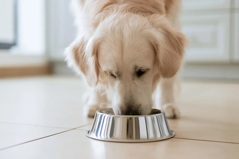 Golden retriever eating from a stainless steel bowl on a tiled kitchen floor