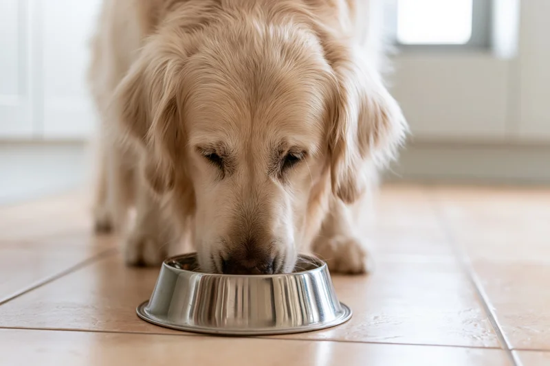 Golden retriever eating from a stainless steel bowl on a tiled floor indoors