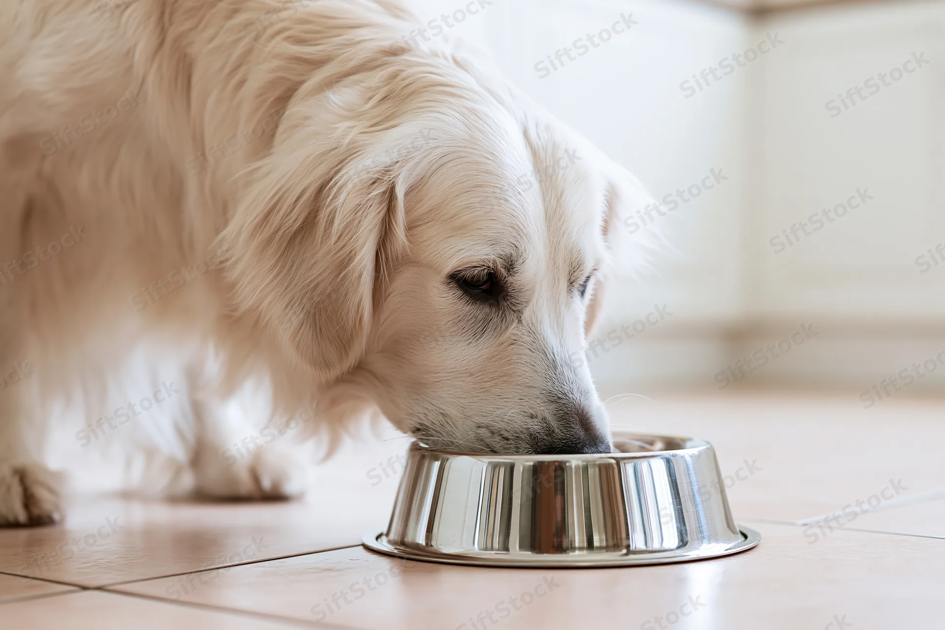 Golden retriever eating from a stainless steel bowl on a tiled floor indoors
