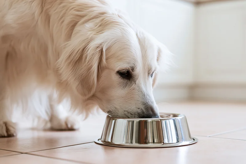 Golden retriever eating from a stainless steel bowl on a tiled floor indoors