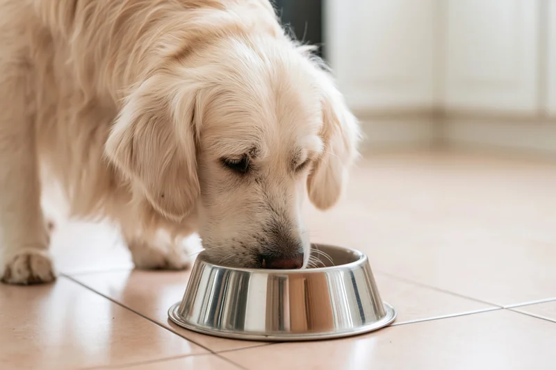 Golden retriever eating from a stainless steel bowl on a tiled kitchen floor