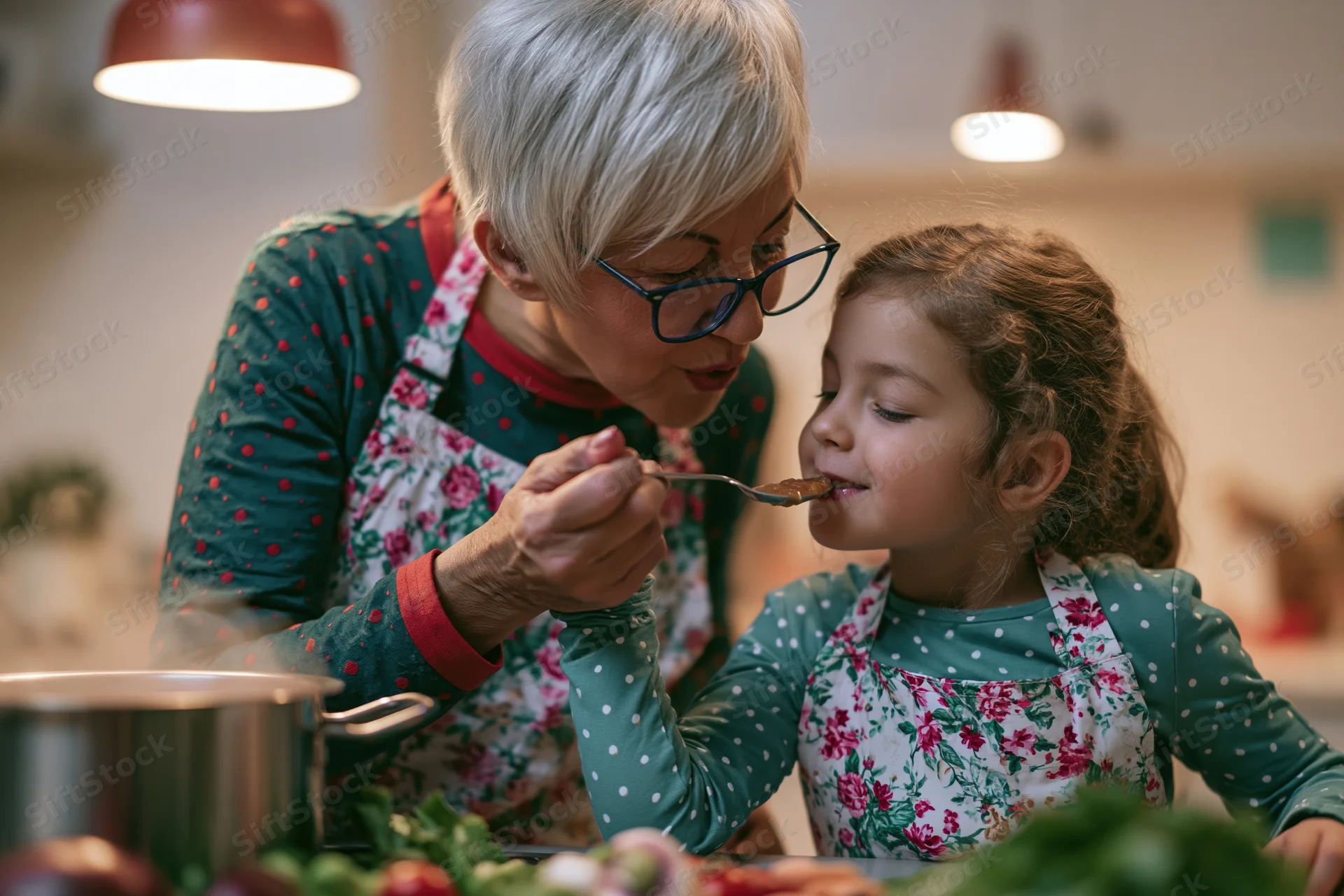 Grandmother feeding child with spoon in kitchen while cooking together