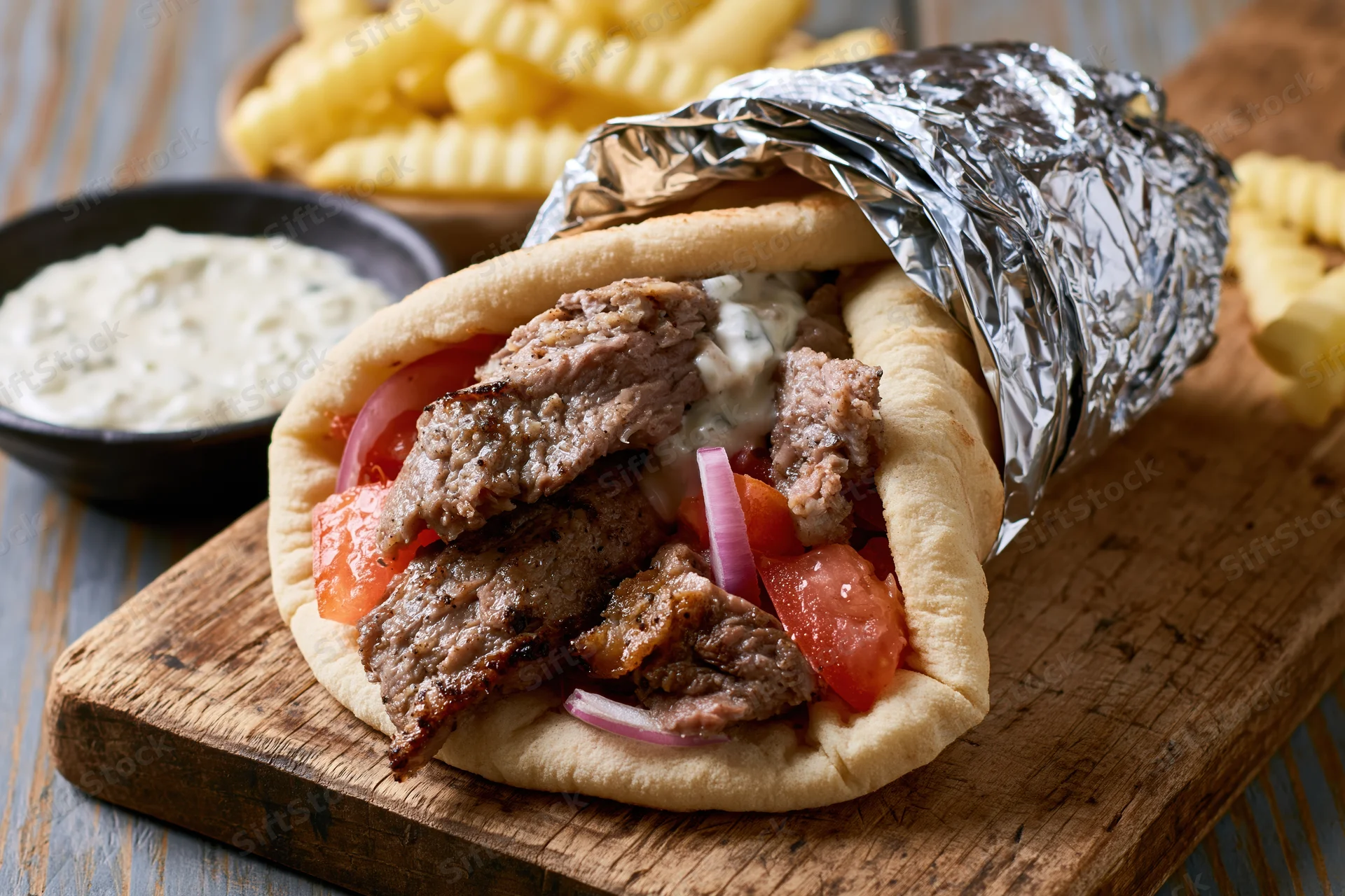 Gyro sandwich with grilled meat, tomatoes, onions and sauce, partially wrapped in foil on a wooden board with fries and dip beside it