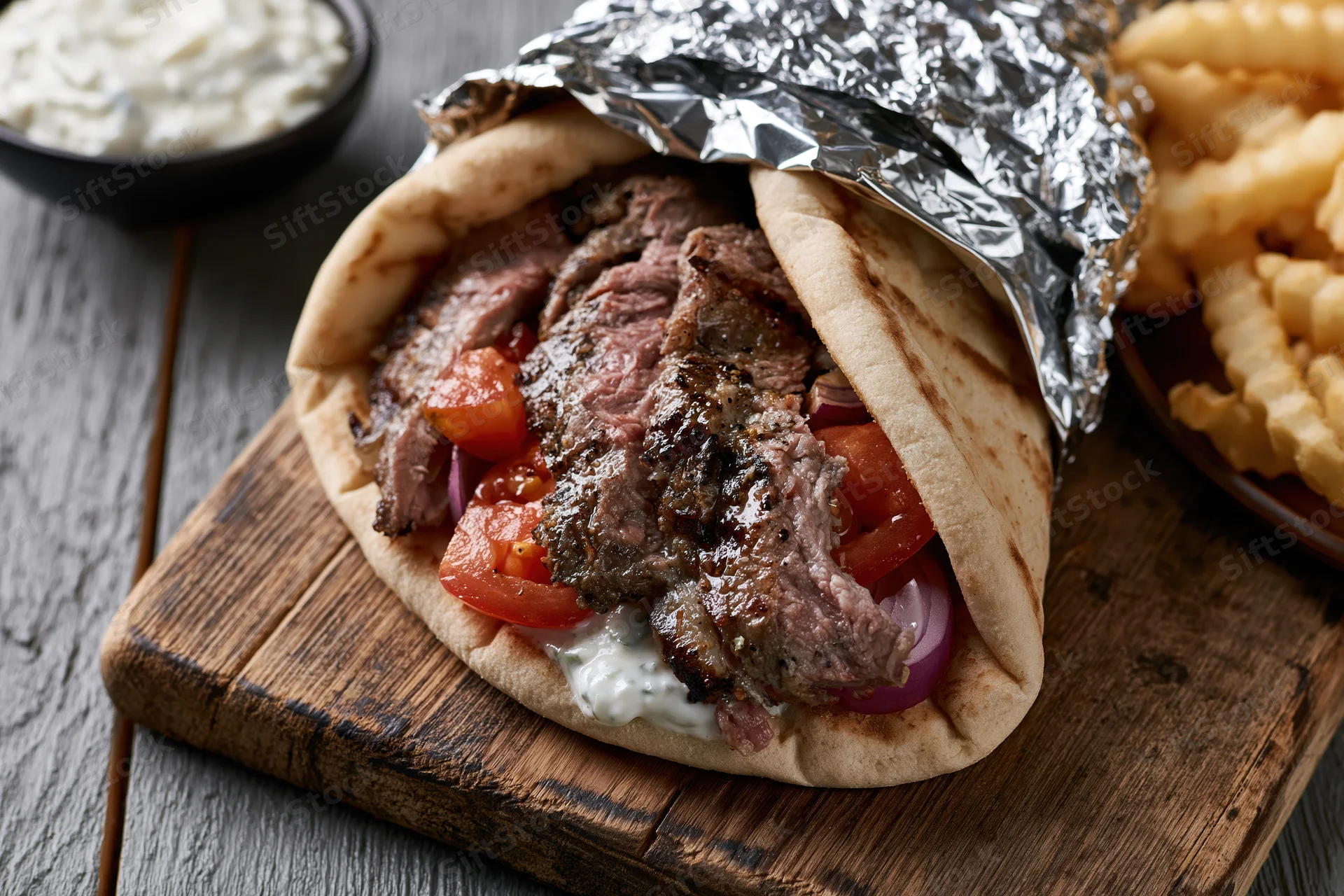 Grilled beef gyro in pita bread with tomatoes and onions, partially wrapped in foil, served on wooden board with tzatziki and fries