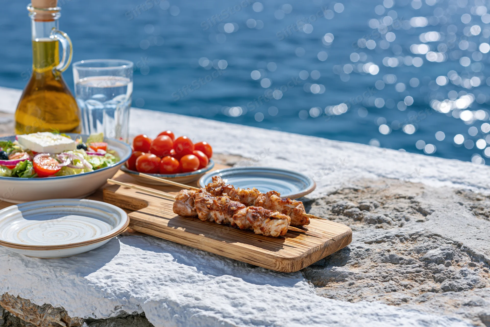 Greek lunch spread with grilled chicken skewers, salad, and olive oil on a white stone terrace overlooking the sea
