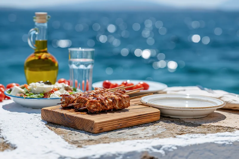 Grilled meat skewers on a wooden board with salad and olive oil on a white stone terrace overlooking the sea