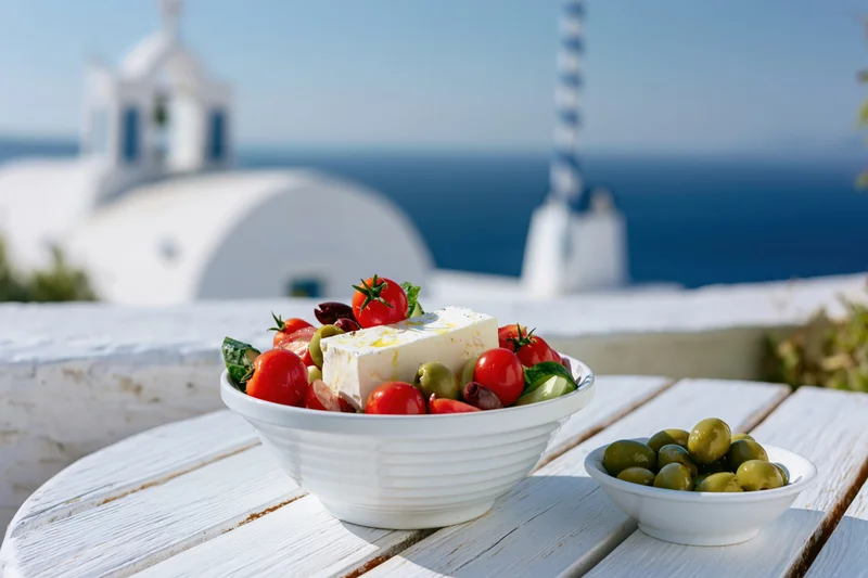 Greek salad with feta cheese and vegetables in white ceramic bowl on wooden table by coastal church and sea