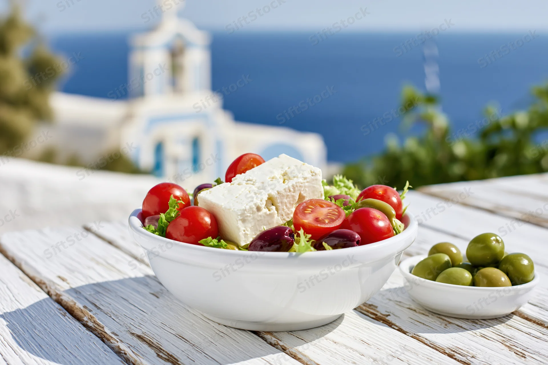 Greek salad with feta cheese, tomatoes, and olives in a white ceramic bowl on a wooden table overlooking a coastal church and sea
