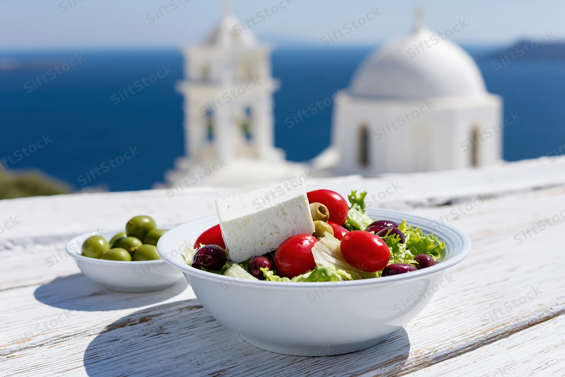 Greek salad with feta cheese, tomatoes, olives and lettuce in a white ceramic bowl on a wooden table overlooking a whitewashed church and the sea