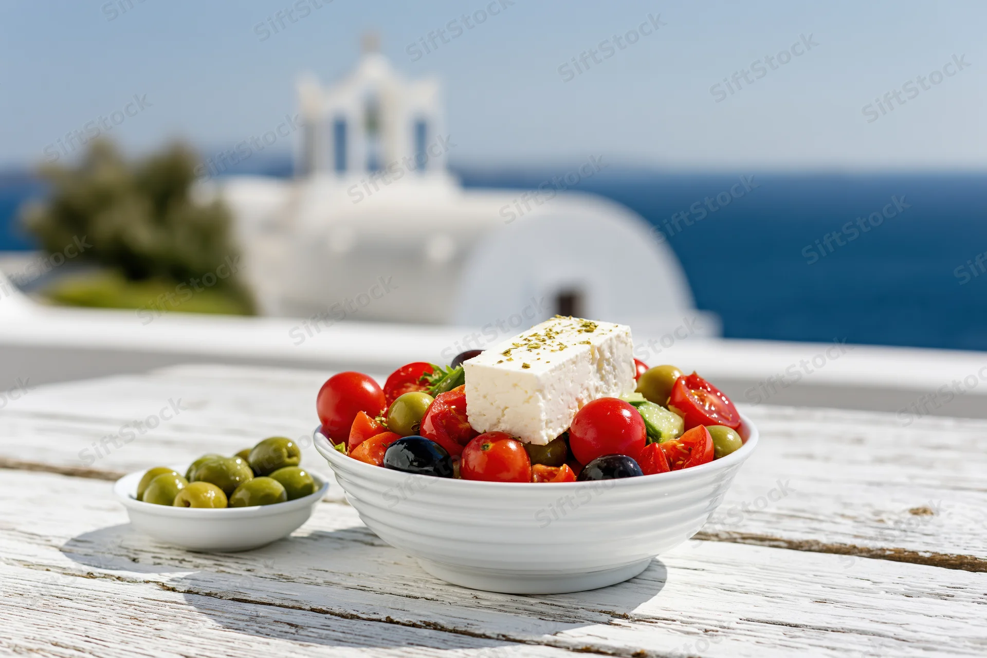 Greek salad with feta cheese and olives in a white bowl on a wooden table overlooking the sea and a whitewashed church
