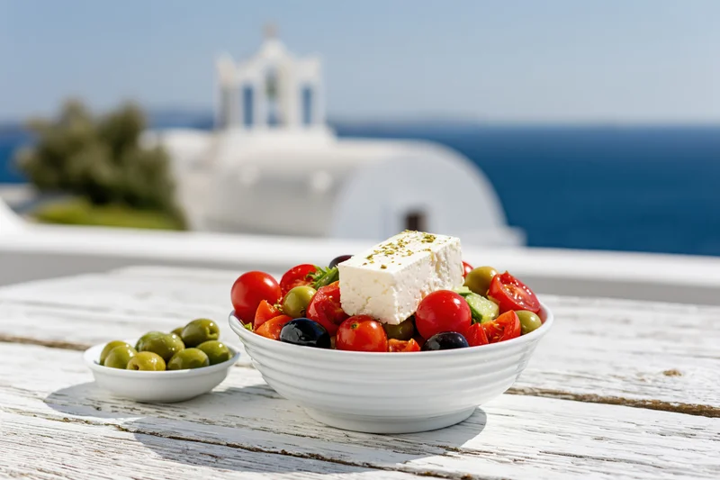 Greek salad with feta cheese and olives in a white bowl on a wooden table overlooking the sea and a whitewashed church