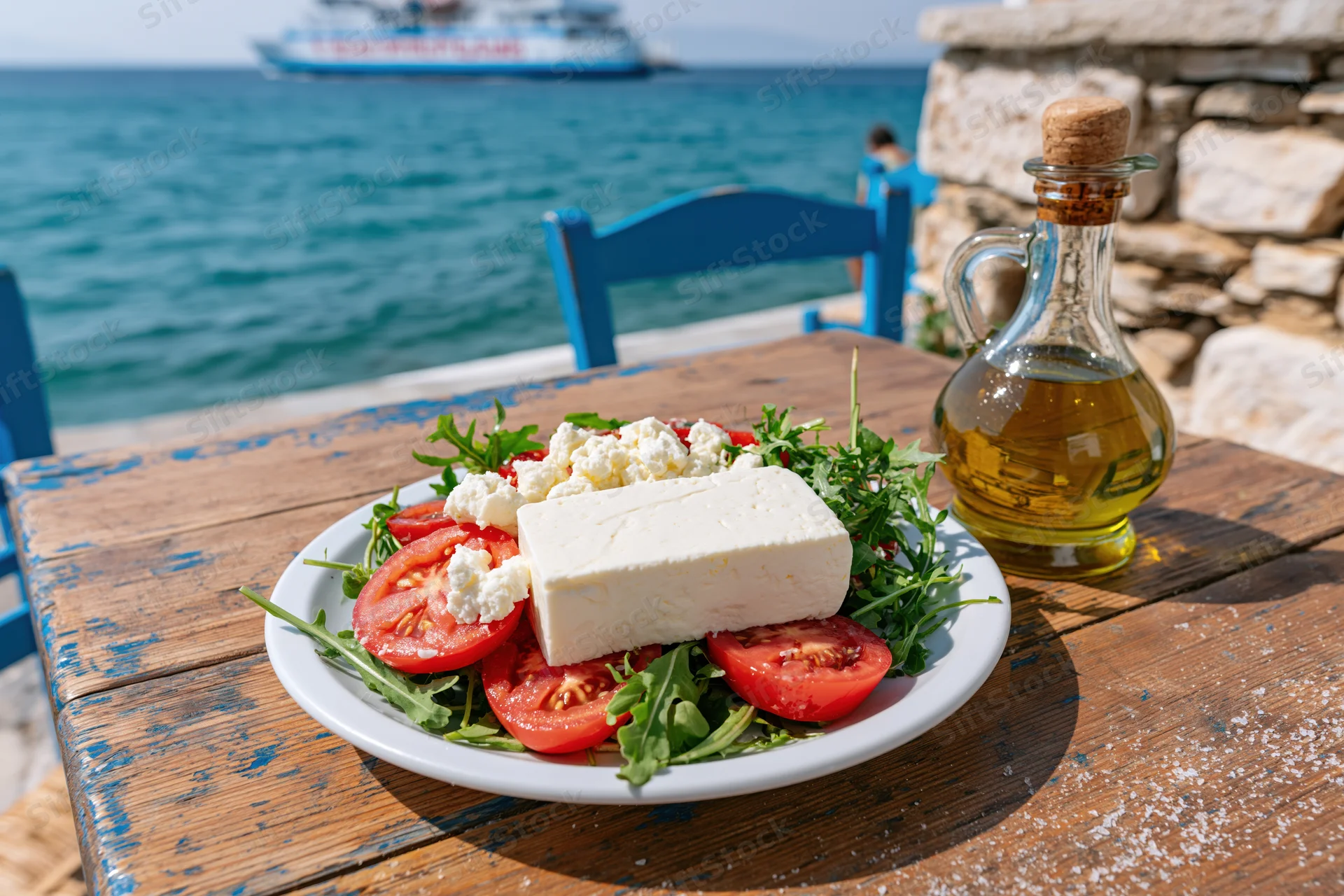 Greek salad with feta cheese and tomatoes on a wooden table by the sea
