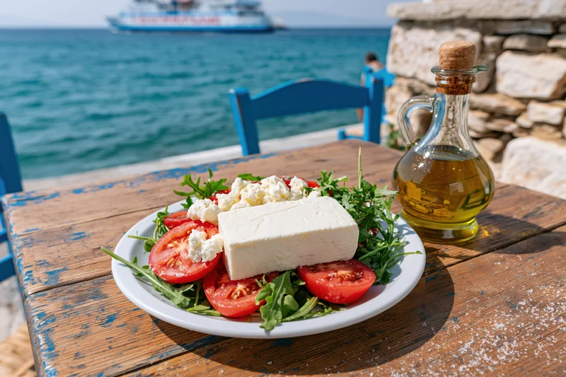 Greek salad with feta cheese and tomatoes on a wooden table by the sea