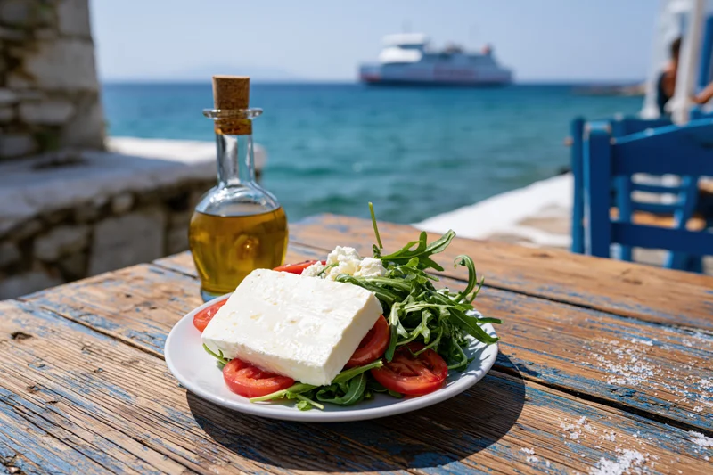 Greek salad with feta cheese and tomatoes on a wooden table by the sea