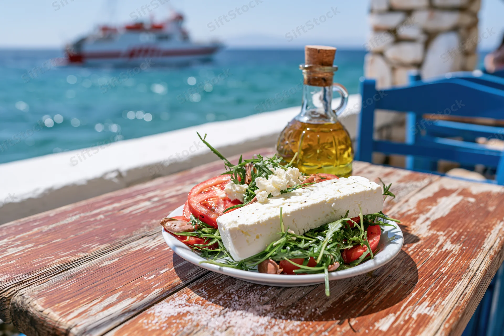 Greek salad with feta cheese and tomatoes on a wooden table by the sea