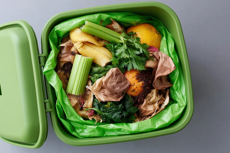 Open green compost bin filled with food scraps and organic waste on gray surface