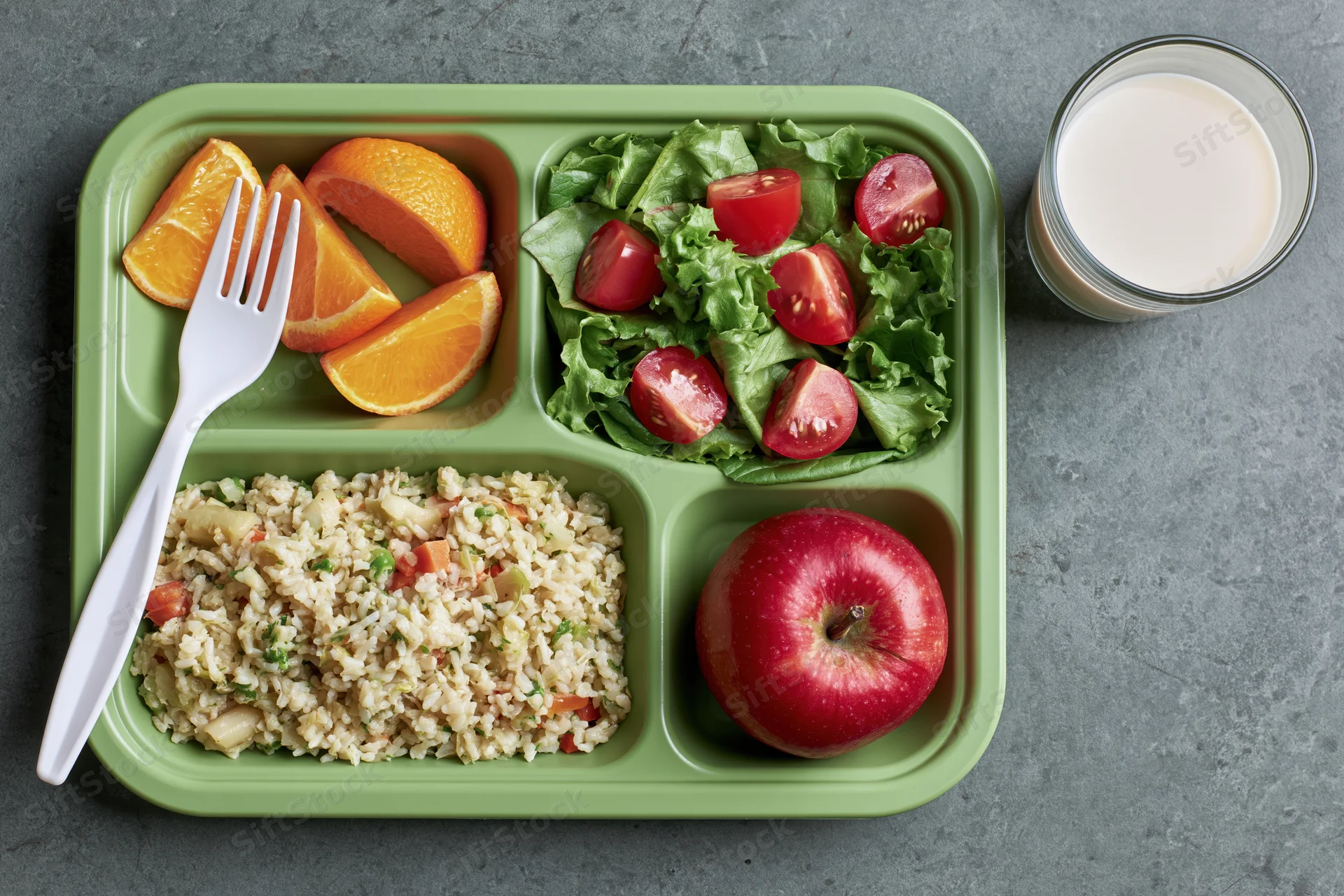 Green plastic school lunch tray with compartments of rice, salad, fruit and a glass of milk on a gray surface