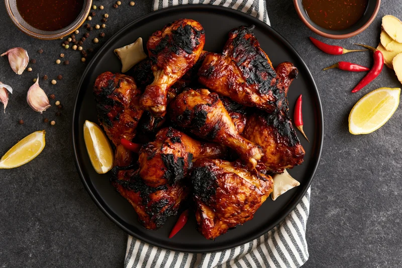 Grilled chicken legs and thighs piled on a black plate with lemon, chili, garlic, and spices around