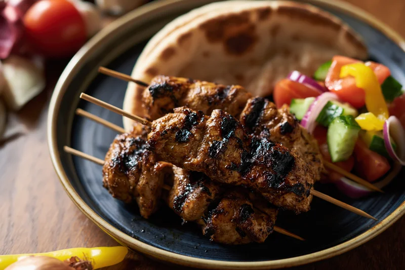 Grilled chicken skewers on wooden sticks served on a dark plate with vegetables and flatbread