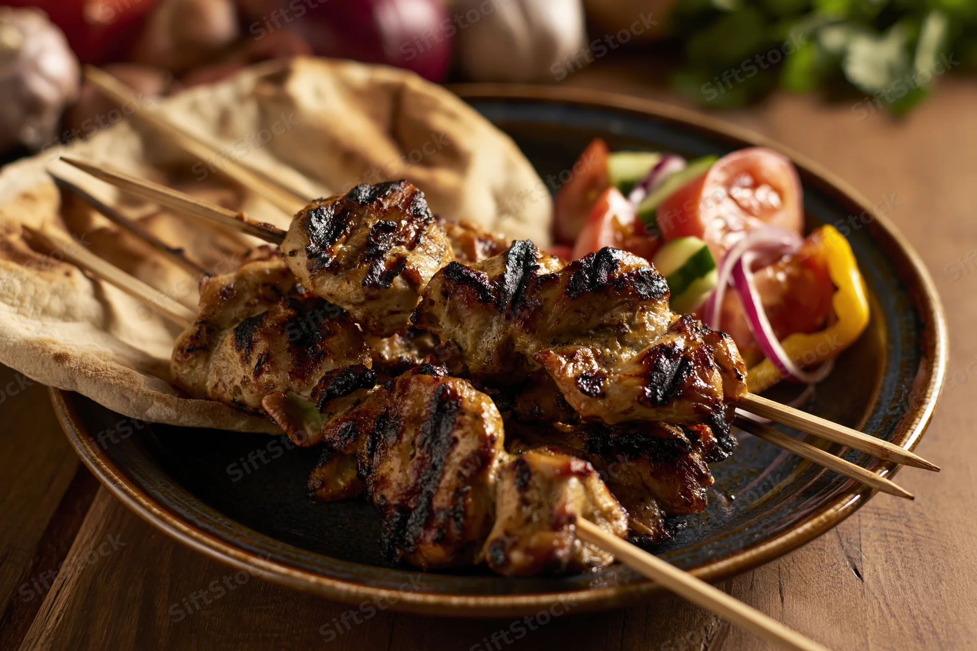 Grilled chicken skewers on wooden sticks served on a dark ceramic plate with vegetables and flatbread on a wooden table