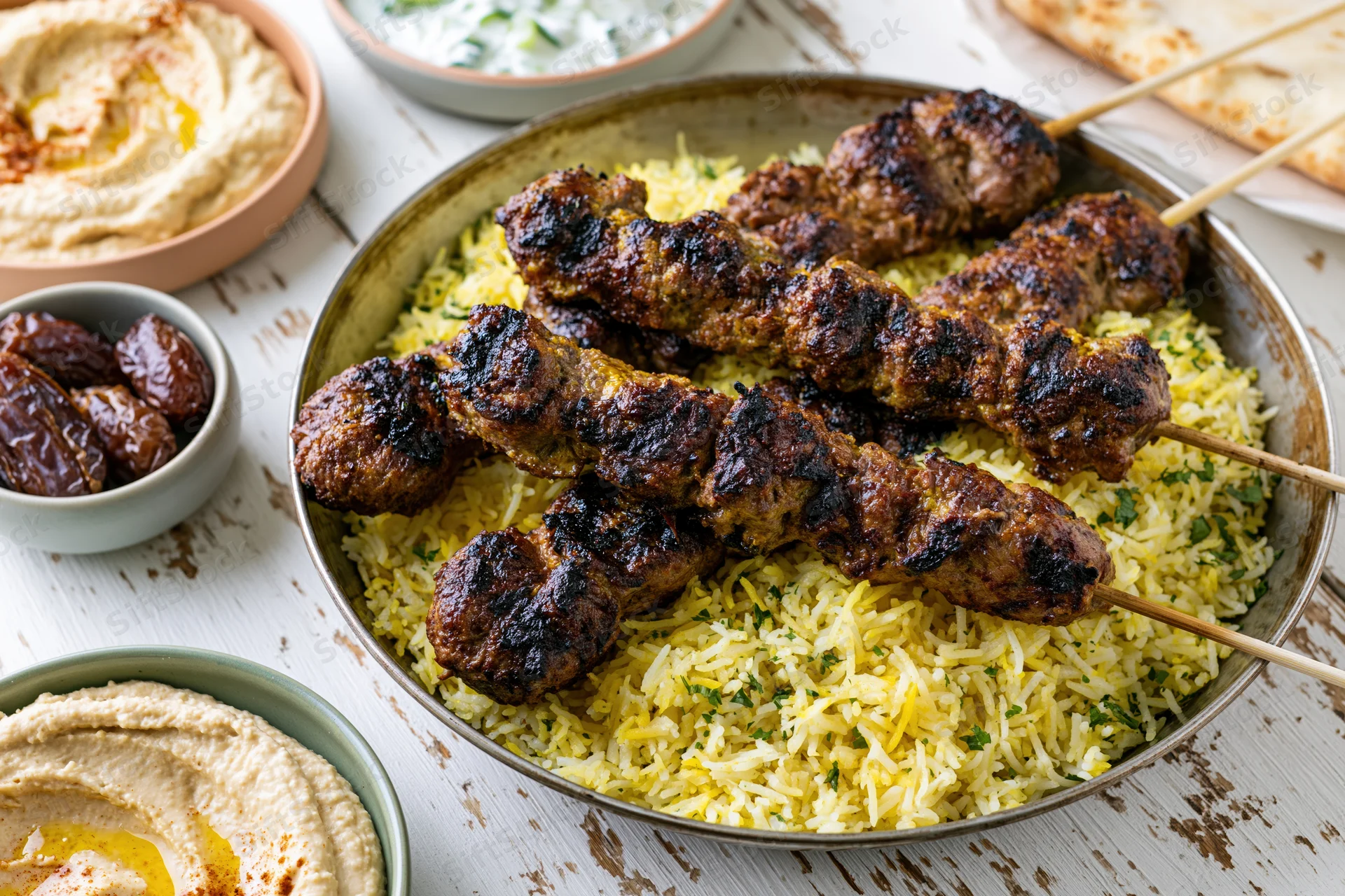 Grilled lamb kebabs on saffron rice with hummus and dates on a rustic wooden table