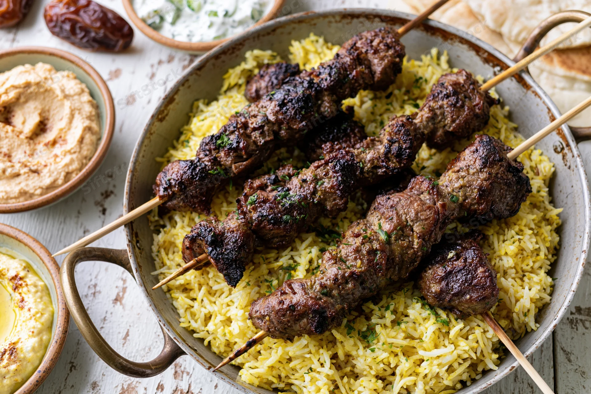 Grilled lamb kebabs on saffron rice in a ceramic pan with hummus and flatbread on a rustic white table