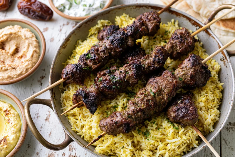 Grilled lamb kebabs on saffron rice in a ceramic pan with hummus and flatbread on a rustic white table