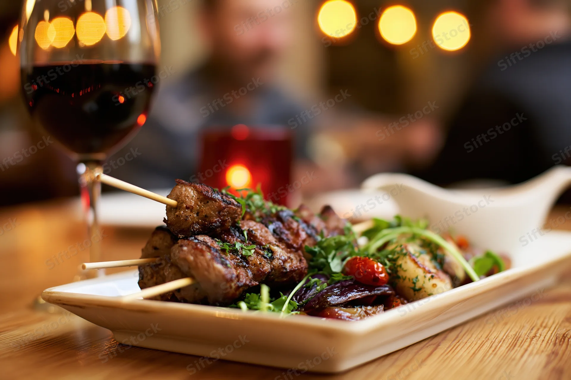 Grilled meat skewers on a white ceramic plate with herbs and vegetables, served with red wine and candlelight at a restaurant table