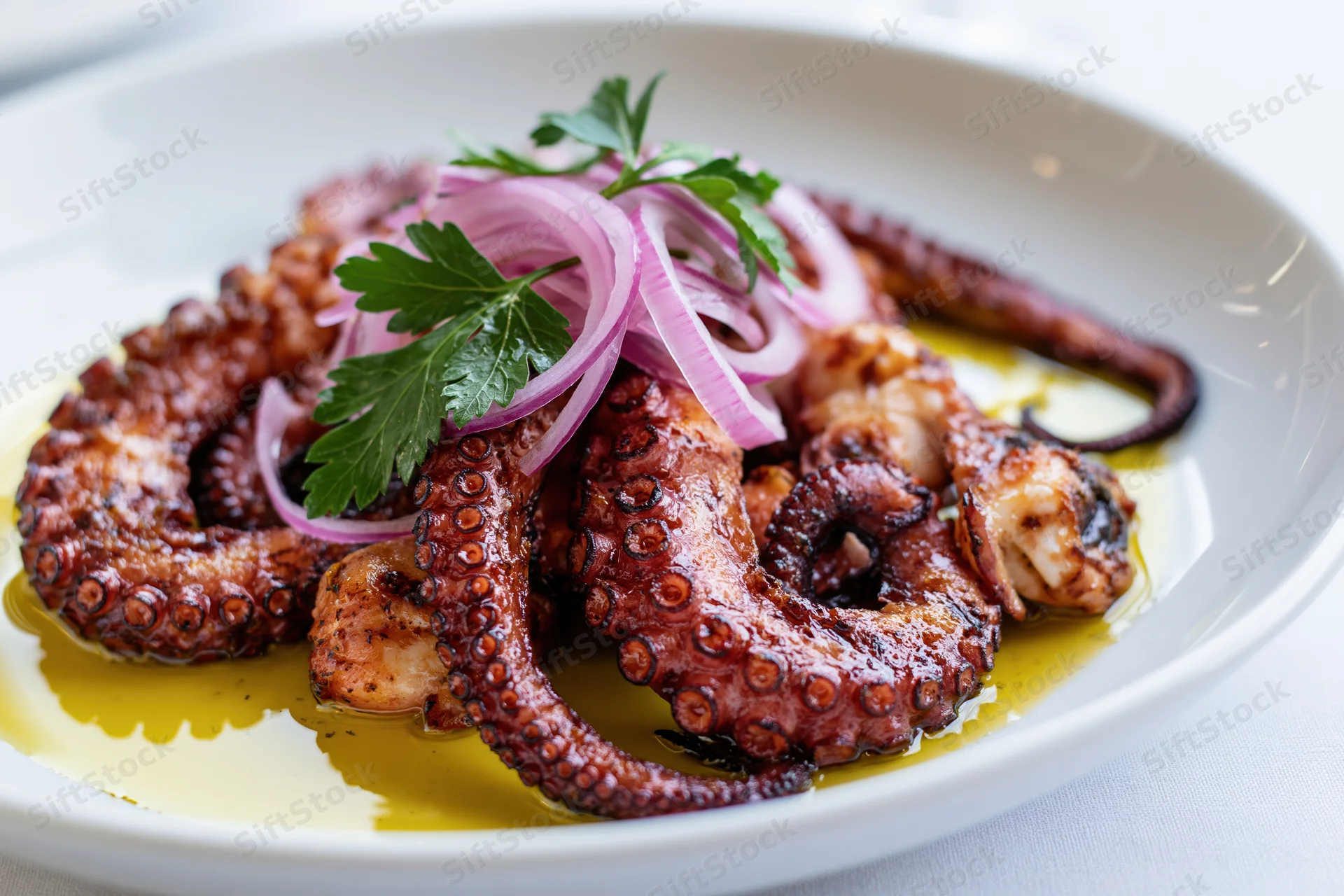 Grilled octopus tentacles arranged on a white ceramic plate with olive oil, red onion, and parsley garnish