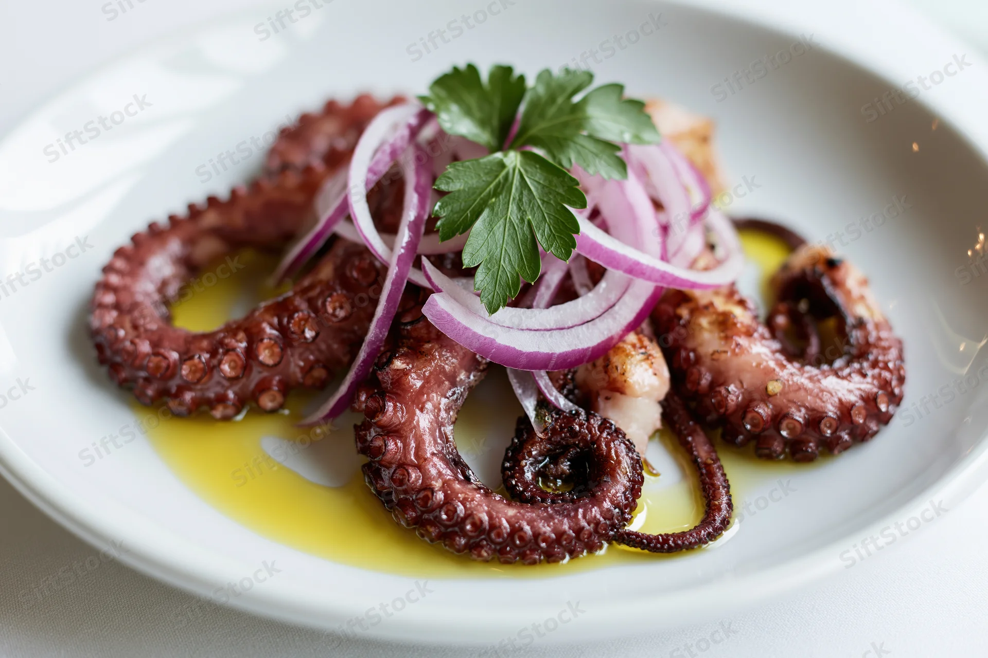 Grilled octopus tentacles arranged on a white ceramic plate with olive oil, red onion, and parsley garnish