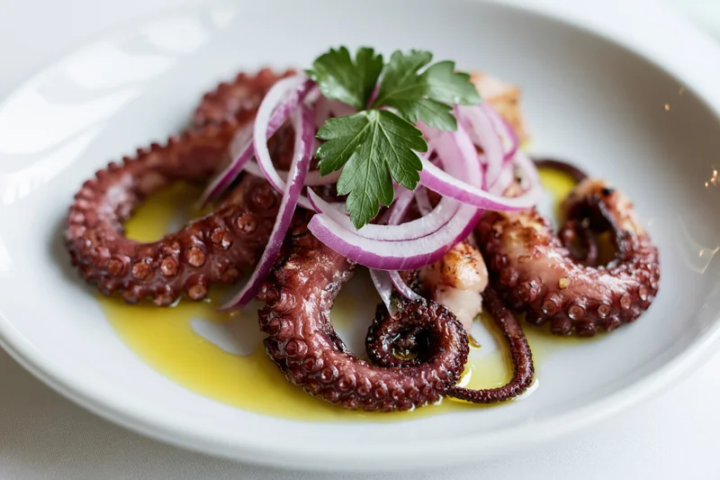 Grilled octopus tentacles arranged on a white ceramic plate with olive oil, red onion, and parsley garnish