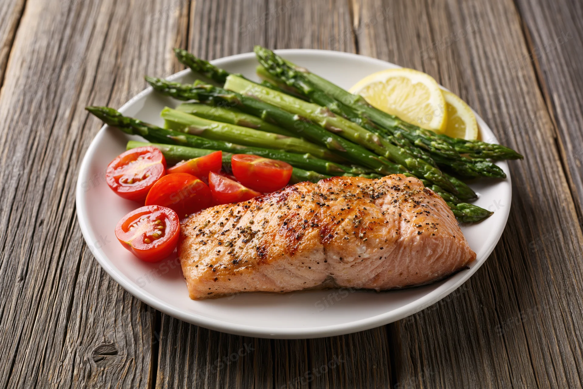 Grilled salmon fillet with steamed asparagus and tomatoes on a white plate on wooden table