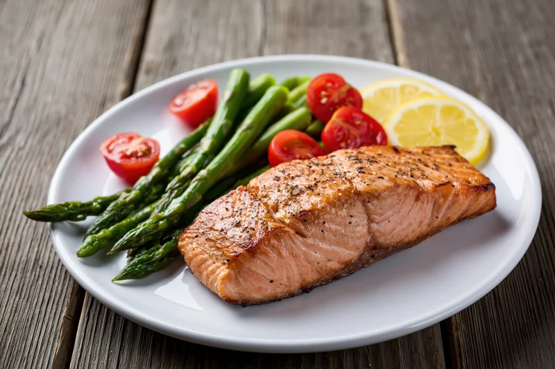 Grilled salmon fillet with steamed asparagus and cherry tomatoes on a white plate on wooden table