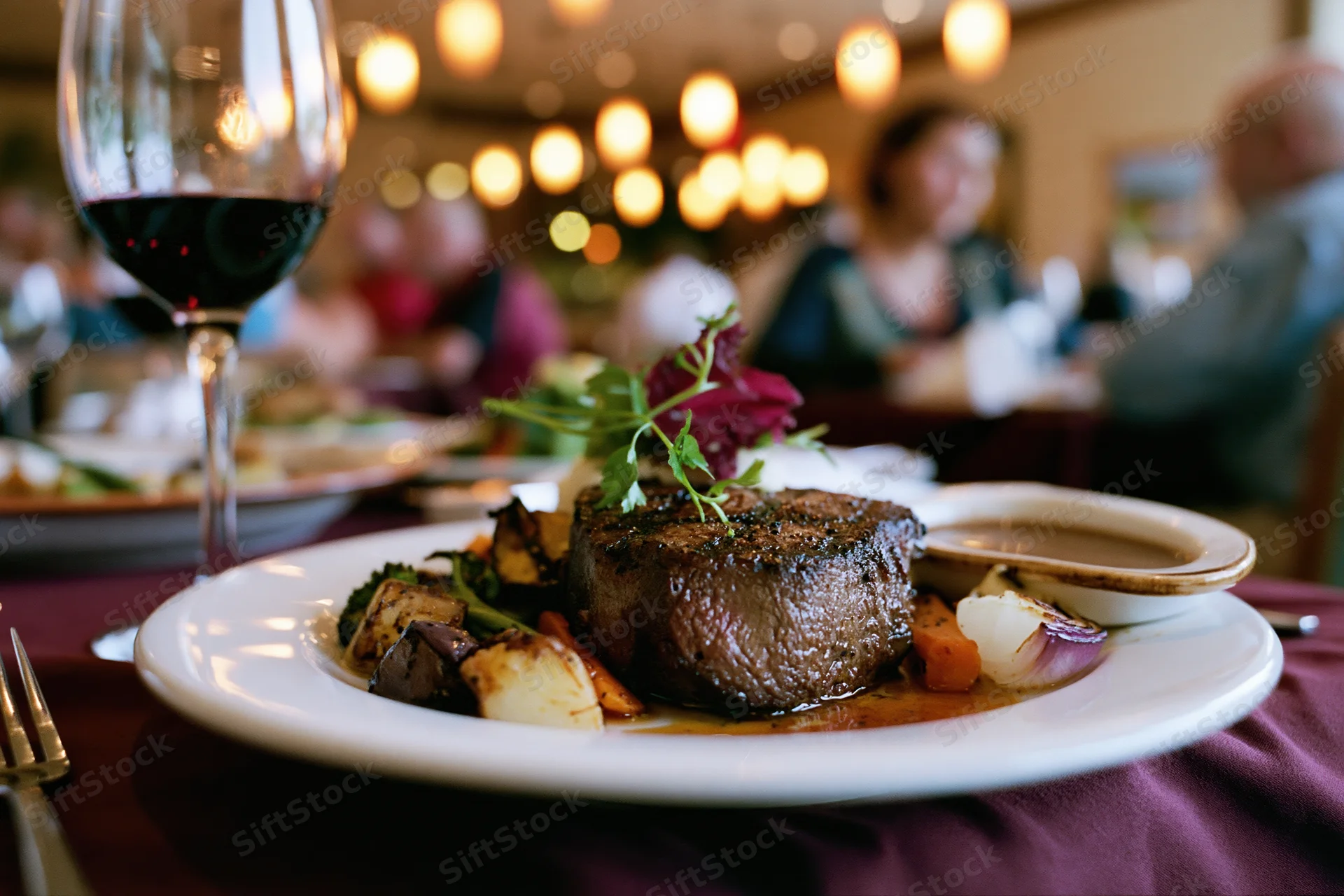 Grilled steak with roasted vegetables and garnish on a white plate at a restaurant table with red wine glass and blurred diners in background