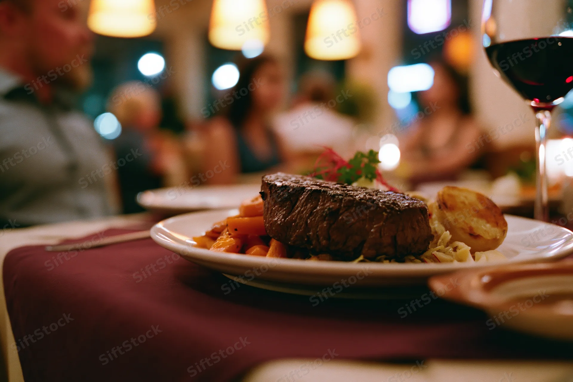 Grilled steak with roasted vegetables and garnish on a white plate at a restaurant table with wine glass and ambient lighting