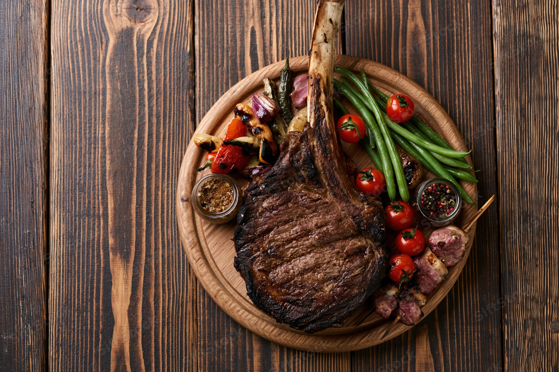 Grilled tomahawk ribeye steak with vegetables and spices on a wooden board over dark wood table