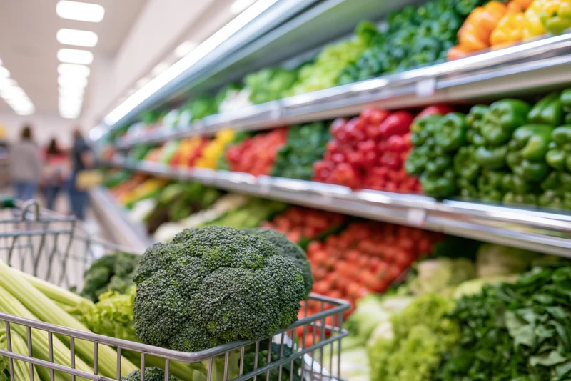 Broccoli in a shopping cart in front of a produce shelf in a grocery store