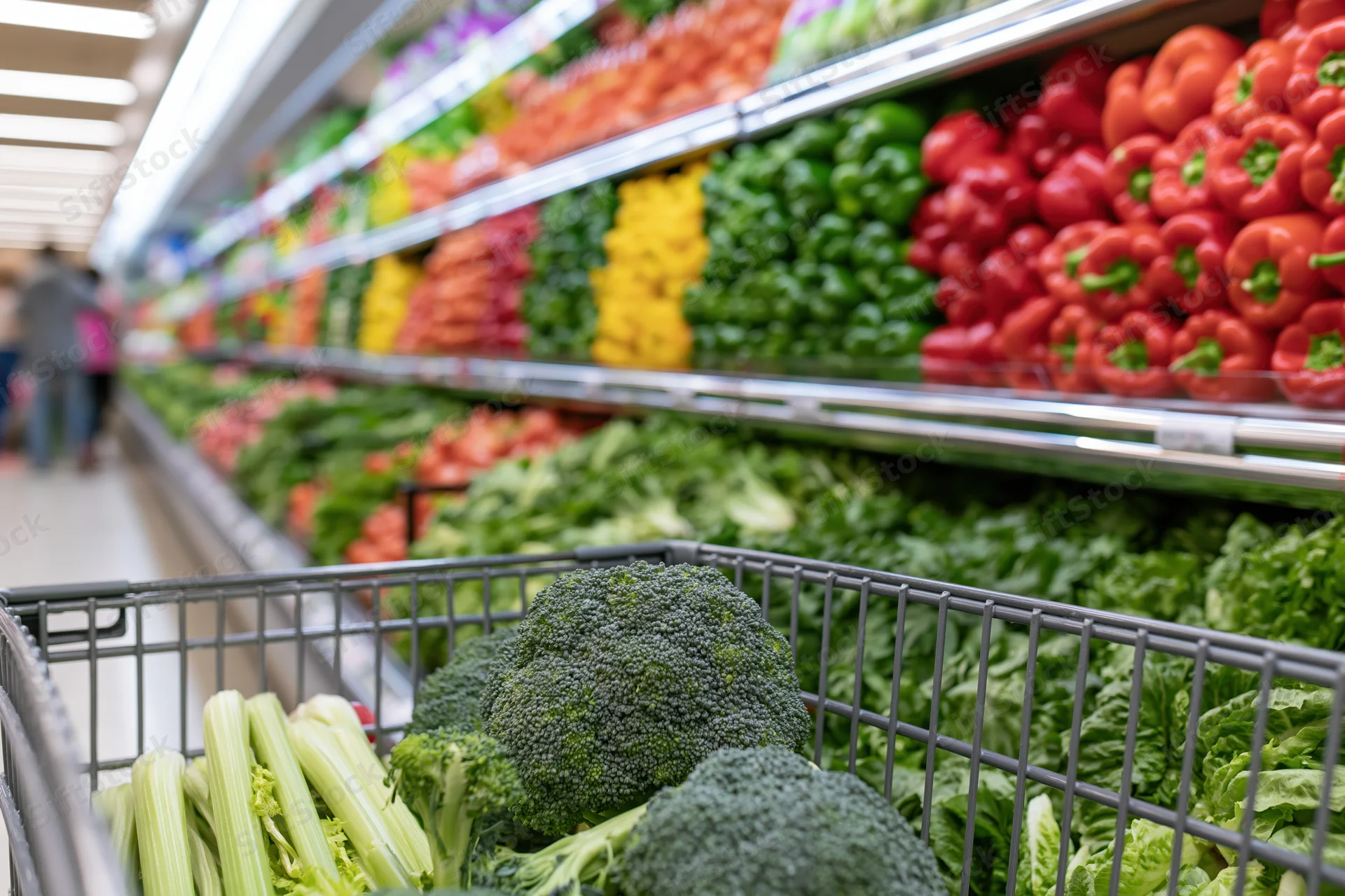 Shopping cart filled with broccoli and celery in a supermarket produce aisle