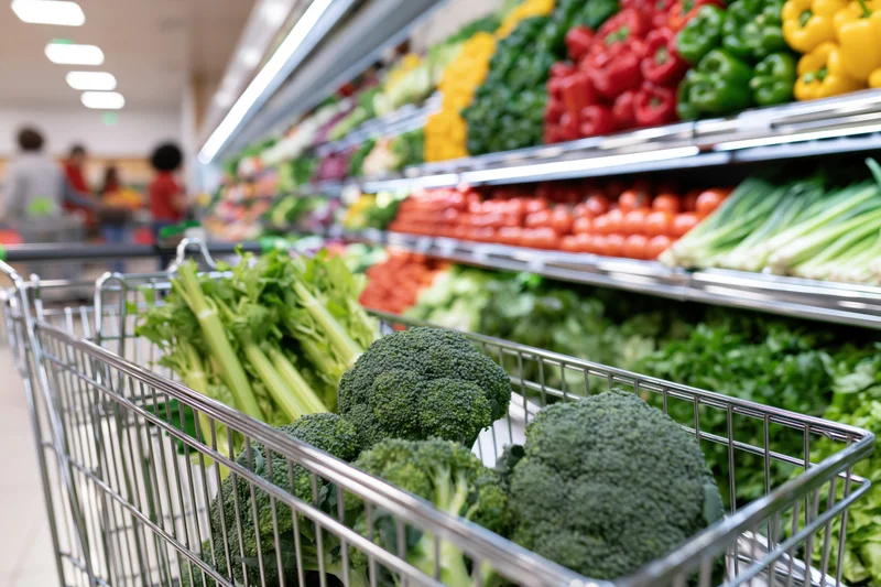 Broccoli and celery in a wire shopping cart in a grocery store produce aisle