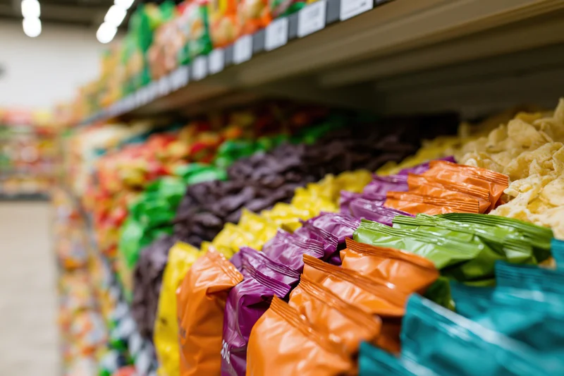 Rows of colorful snack packages on a grocery store shelf