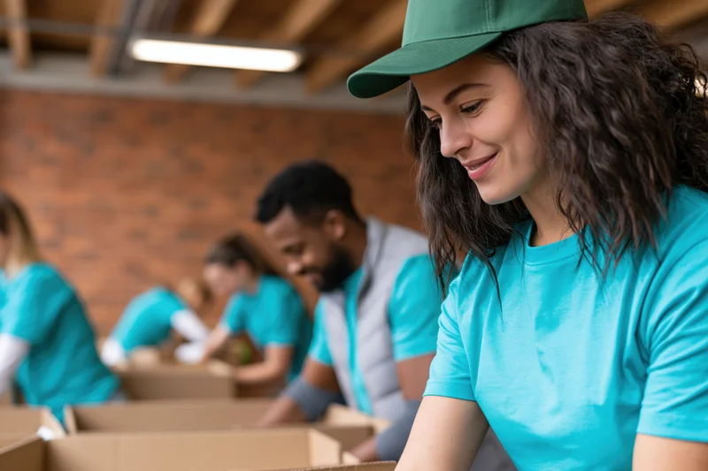 Woman in teal tshirt and green cap smiling while sorting food donations in cardboard boxes with volunteers in background