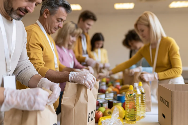 Volunteers packing food donations at a community table