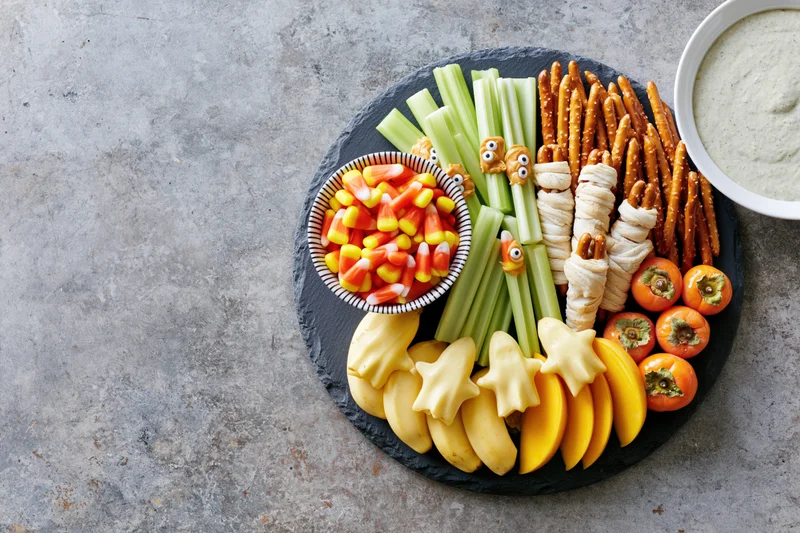 Halloween-themed snack board with celery, pretzels, cheese, fruit and dip arranged on slate platter