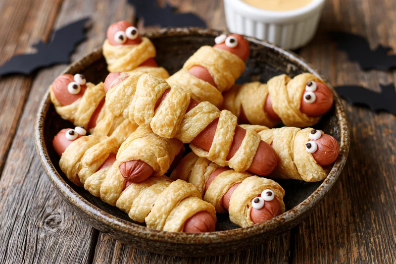 Mummy-themed hot dogs wrapped in baked puff pastry served in a bowl on a wooden table with bat decorations for halloween