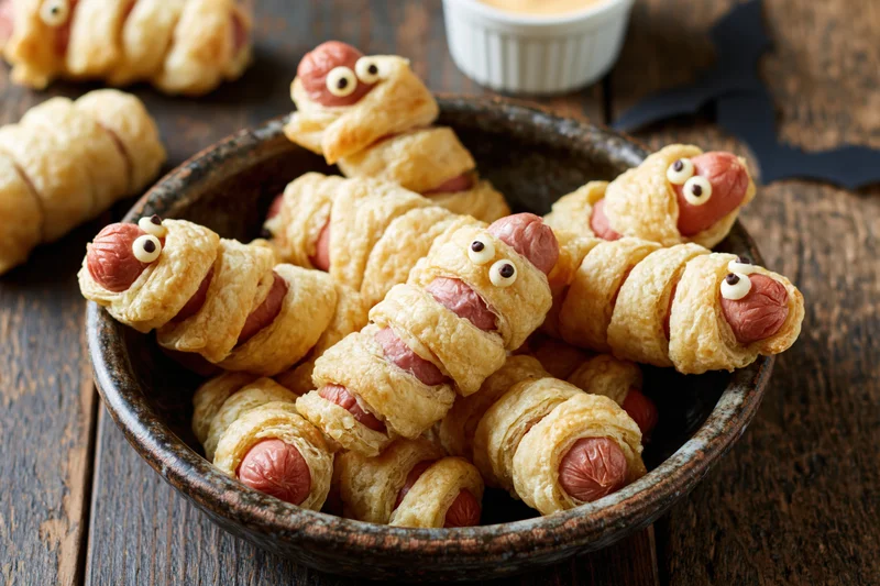 Mummy hot dogs wrapped in puff pastry with candy eyes in a bowl on a wooden table