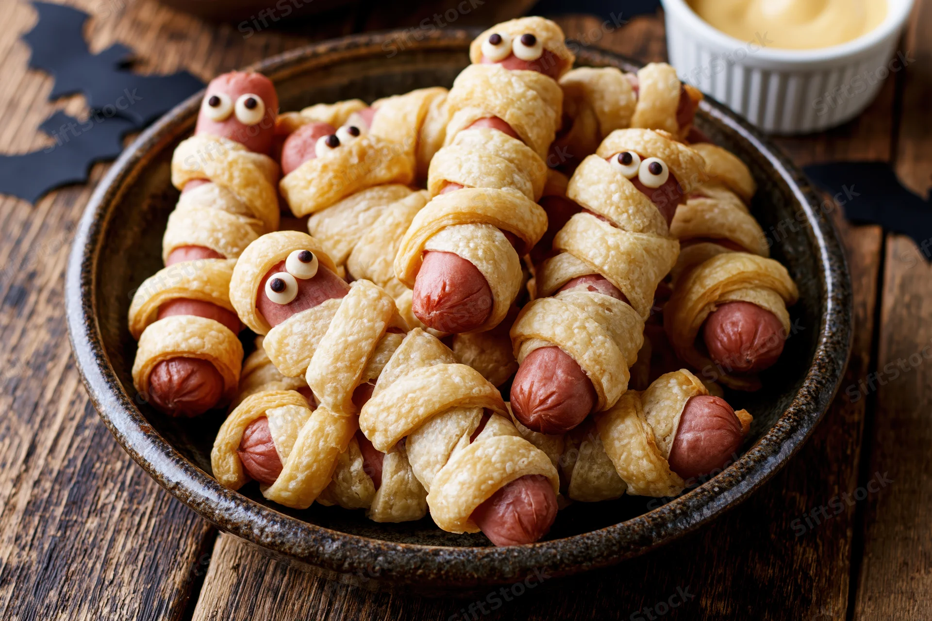 Mummy-themed hot dogs wrapped in baked puff pastry served in a bowl on a wooden table with halloween decorations