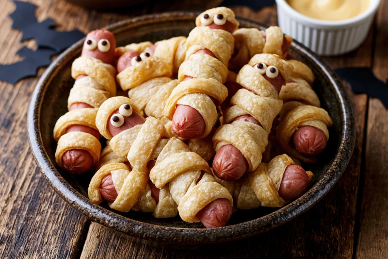 Mummy-themed hot dogs wrapped in baked puff pastry served in a bowl on a wooden table with halloween decorations