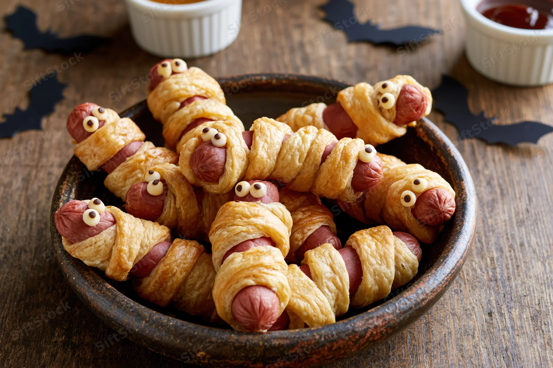 Mummy hot dogs wrapped in baked puff pastry served in a bowl on a wooden table with bat decorations and condiments