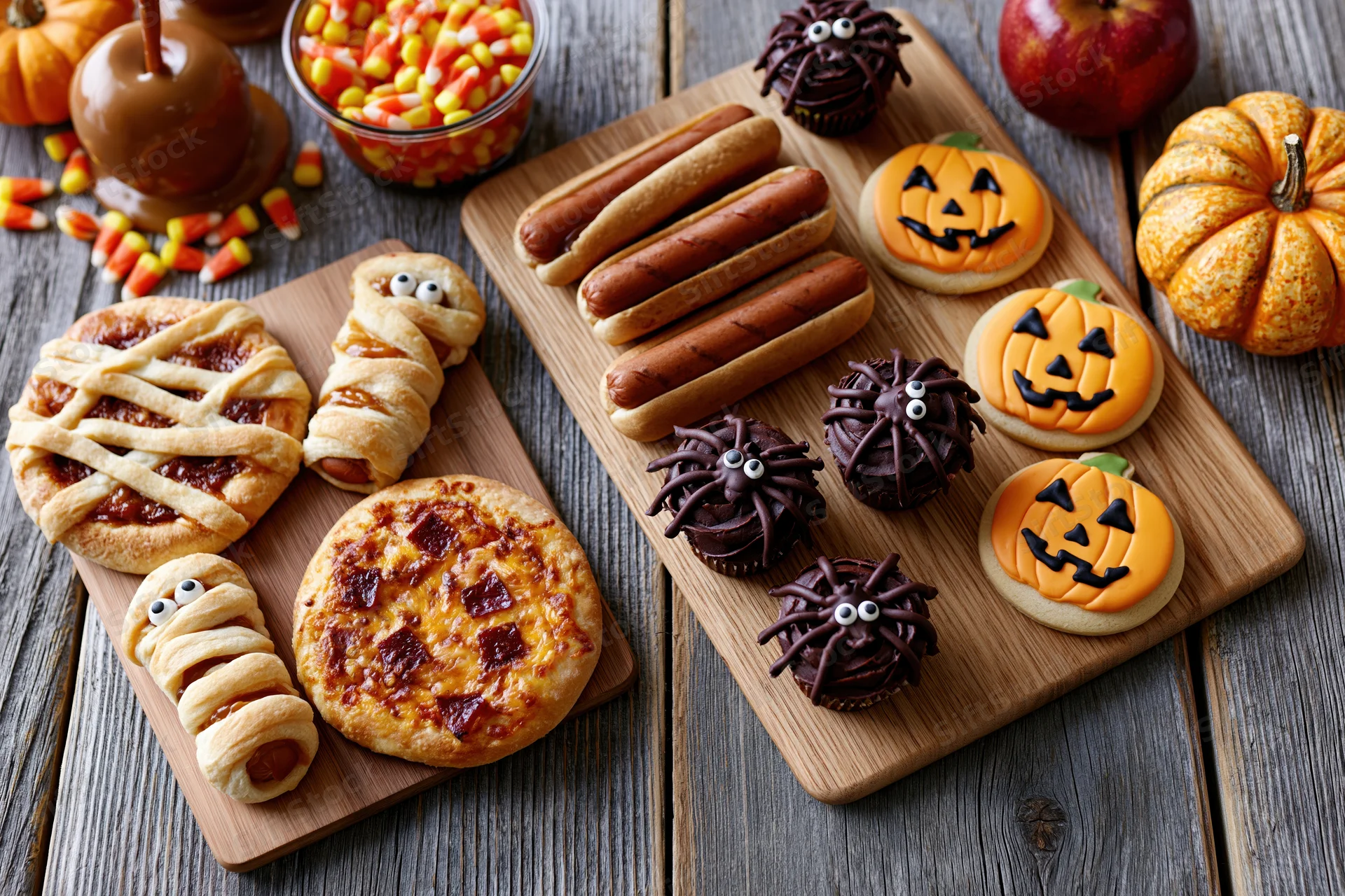 Halloween party food spread on rustic wooden table with themed snacks and decorations